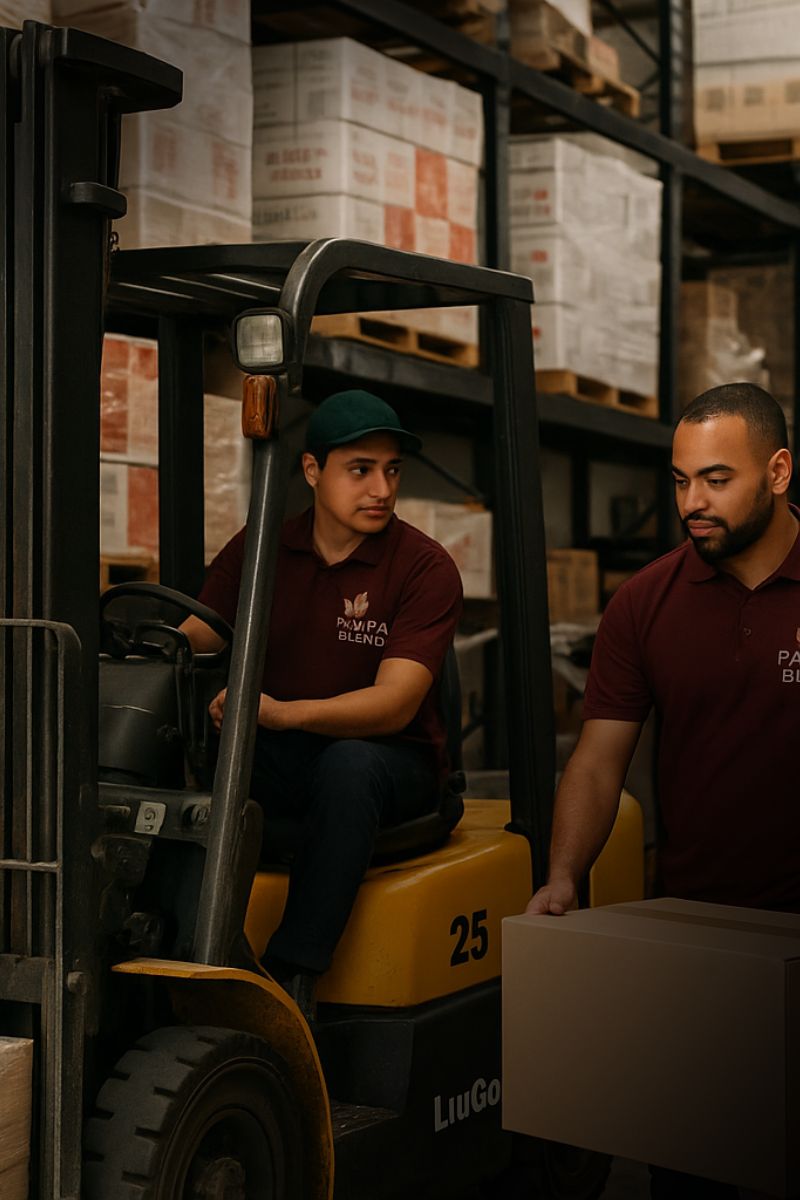 Logística eficiente en acción equipo Pampa Blend operando en depósito propio con stock real